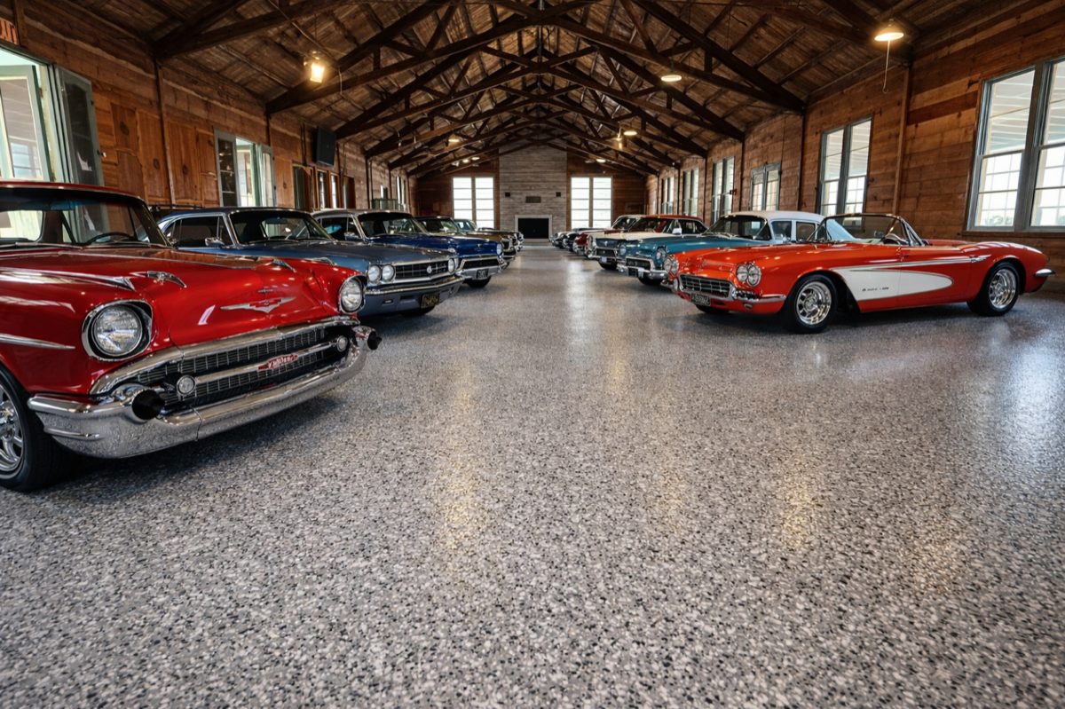 Classic car collection showroom with full broadcast flake epoxy floor